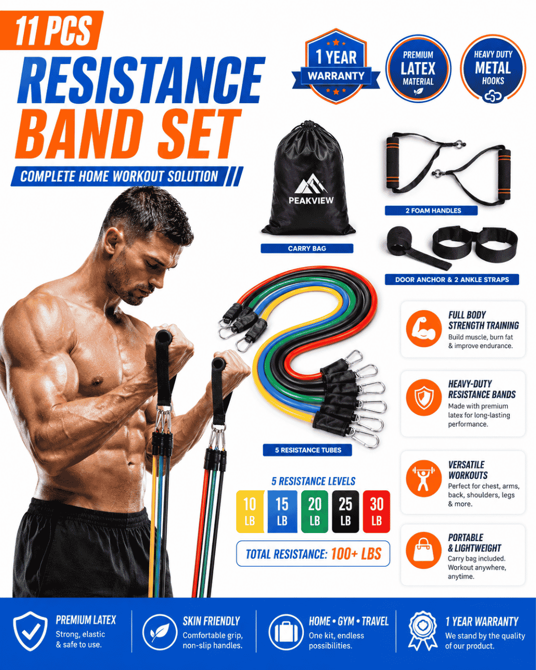 Home Gym (11 Pcs) Resistance Bands Set - 1 Year Warranty