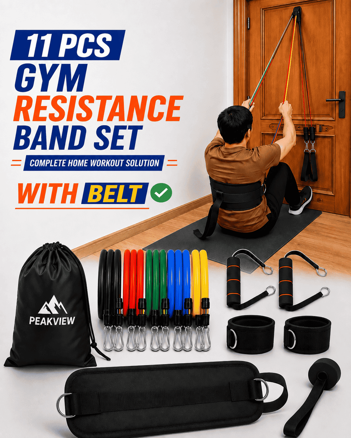 Home Gym (11 Pcs) Resistance Bands Set - 1 Year Warranty